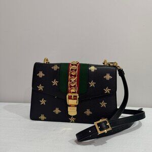 Gucci Black Leather Sylvie Bee & Star Embellished Shoulder Bag